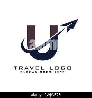 Letter U Travel Logo icon Design with plane graphic element for travel agency logo design Stock Vector
