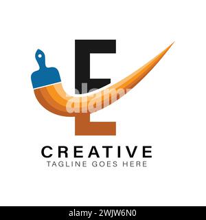 Letter E Paint Brush Logo. Alphabet E House Paint Business Icon Stock Vector