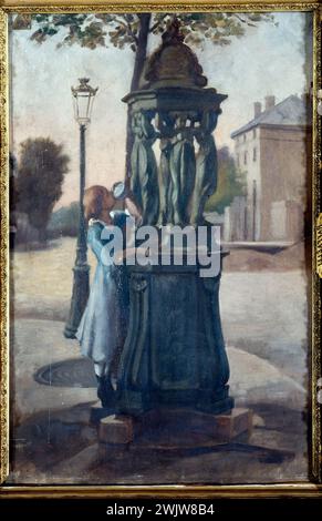 André Gill (André Gosset de Guines, dit - 1840-1885). 'A Wallace fountain'. Oil on wood. Paris, Carnavalet museum. Drinking, fountain, wood on wood, young girl, floor lamp, urban furniture, scene rue, sesalterer, Wallace Richard Stock Photo