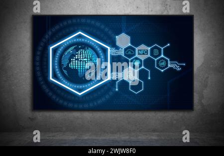 Digital hexagons hologram with business icons on hud screen. Concrete dark room. Virtual reality and global networking concept. 3d rendering Stock Photo
