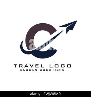 Letter C Travel Logo icon Design with plane graphic element for travel agency logo design Stock Vector