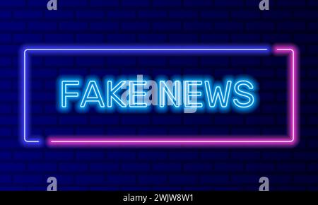 Neon sign fake news in speech bubble frame on brick wall background vector. Light banner on the wall background. Fake news button breaking propaganda Stock Vector