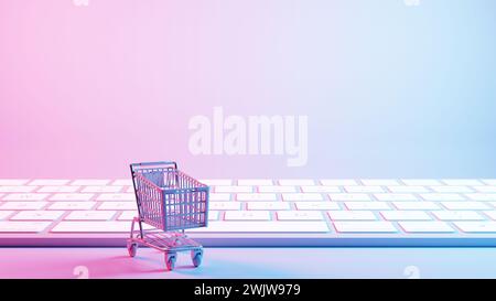This illustration depicts a shopping cart placed atop a keyboard background, merging the concepts of online shopping and digital technology. Stock Photo