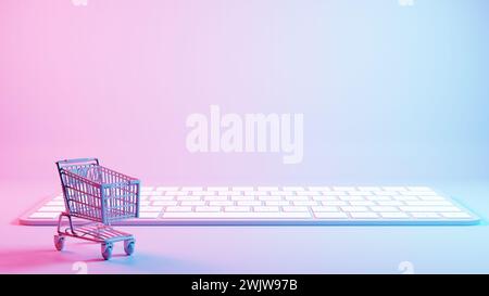 This illustration depicts a shopping cart placed atop a keyboard background, merging the concepts of online shopping and digital technology. Stock Photo