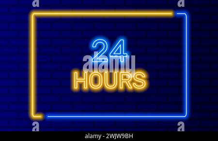 Neon sign 24 hours open in speech bubble frame on brick wall background vector. Light banner on the wall background. Overnight button open all day Stock Vector
