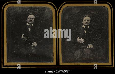 Charles Hugo (1826-1871). 'Portrait of Victor Hugo, stereoscopic daguerreotype, around 1853-1854'. Paris, house of Victor Hugo. Double portrait of the writer seated from the front, his eyes raised in the sky and the right hand holding his vest. Daguerreotype, French writer, French Writer, Portrait, Stereo, Stereoscopic Stock Photo