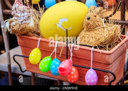 Easter decoration with Easter eggs and Easter bunny in a pot Stock Photo
