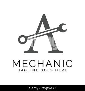 letter A logo with wrench. Alphabet A Spanner logo design Stock Vector