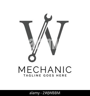 letter W logo with wrench. Alphabet W Spanner Icon design Stock Vector