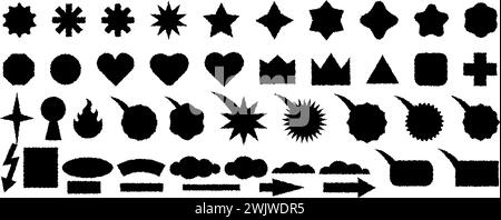 Basic shapes with a rough, ragged edge. Set of grunge elements for collage, sticker. Black icons. Heart crown arrow star circle bubble speech flame li Stock Vector