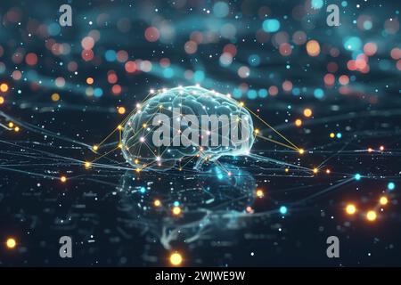 An electric blue computer-generated image of a brain floating in space, surrounded by glowing dots and lines creating an astronomical atmosphere of sc Stock Photo