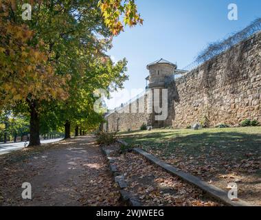 View of the stone gaol wall and lookout tower in the rural town of Beechworth, Victoria, Australia Stock Photo