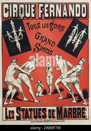 Charles Lévy. Cirque Fernando. Marble statues. Poster. Color lithography. Paris, Carnavalet museum. Advertising poster, Fernando circus, balance, color lithography, marble, athlete number, advertising, show, statue Stock Photo