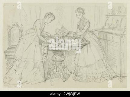 Anaïs Toudouze (1822-1899). 'Two women preparing tea'. Drawing for engraving published in 'The Illustrated Fashion', January 2, 1870, n ° 1. Household apron, at Plastron. Household apron, without a belt. Lead mine, white paper. 1870. Galliera, fashion museum of the city of Paris. 37822-4 Drawing, young woman, lead mine, illustrated mode, plastron, tray, prepare, second empire, housekeeping apron, dress, the Stock Photo