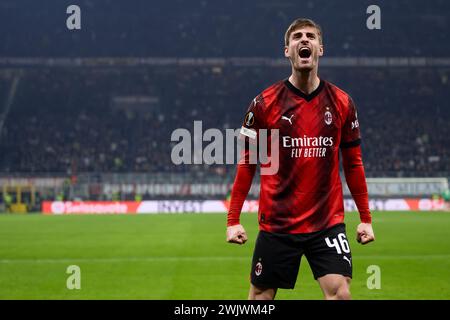 Milan, Italy. 16 February 2024. Matteo Gabbia of AC Milan celebrates during the UEFA Europa League football match between AC Milan and Stade Rennais FC. Credit: Nicolò Campo/Alamy Live News Stock Photo