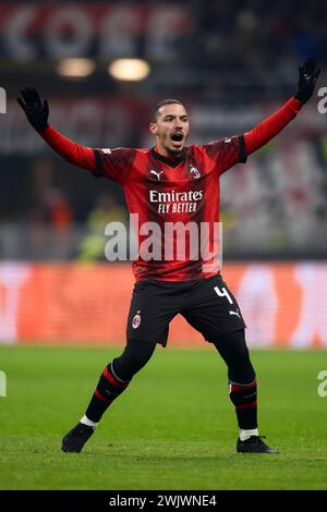 Milan, Italy. 16 February 2024. Ismael Bennacer of AC Milan reacts during the UEFA Europa League football match between AC Milan and Stade Rennais FC. Credit: Nicolò Campo/Alamy Live News Stock Photo