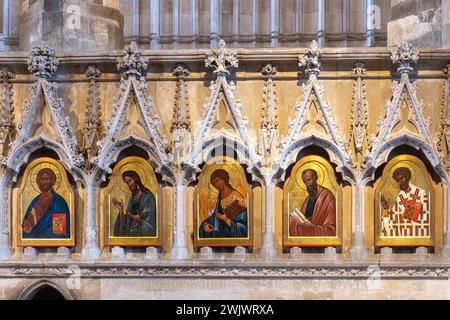 The icons in the Retro-Choir of Winchester Cathedral, Hampshire, England, UK, late 20th century icons by Sergei Fyodorov including Saint Swithun Stock Photo