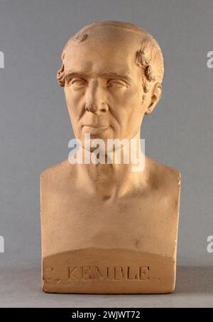 Jean-Pierre Dantan (1800-1869), said Dantan the young. Serious portrait of the English actor, Charles Kemble (1775-1854). Terracotta patinated plaster, round-bump. 1842. Paris, Carnavalet museum. English actor, bust, patterned patina, man portrait, terracotta Stock Photo