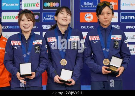 Calgary, Canada. 16th Feb, 2024. CALGARY, CANADA - FEBRUARY 16: Ayano Sato, Momoka Horikawa, Miho Takagi podium Team Pursuit Women during the ISU World Speed Skating Single Distances Championships at Olympic Oval on February 16, 2024 in Calgary, Canada. (Photo by Andre Weening/Orange Pictures) Credit: Orange Pics BV/Alamy Live News Stock Photo