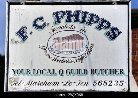Vintage Stuffed Chine butchers' shop sign, Mareham-Le-Fen, Lincolnshire, England, UK Stock Photo