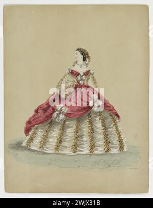 Charles Pilatte for the Ghys house. Model-figure for seamstress. Evening dress: red bodice adorned in front and the shoulders of feather pompoms; Red skirt raised at the front and held by feathered pompoms on a second pleated white skirt and chanted with golden vertical friezes evoking plants, MADAME GHYS model. Watercolor on cardboard. 1860. Galliera, fashion museum of the city of Paris. 37792-15 Watercolor on cardboard, album, red bodice, designer, vertical frieze Doree, young woman, lifted skirt, ghys house, model-figure, pompom, evening dress, second empire, vegetal, feather Stock Photo