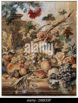 Jan Van Huysum (1682-1749). 'Fruit spreading with vase on the left'. Plume and watercolor on paper. Museum of Fine Arts of the City of Paris, Petit Palais. 70008-1 Pineapple, spreading, nuts, paper, fishing, plum, grapes, vase, watercolor, fruit, feather Stock Photo