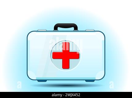 First aid box icon. Medical kit. Emergency suitcase. White first aid kit on blue background. Isometric Flat Vector. Stock Vector