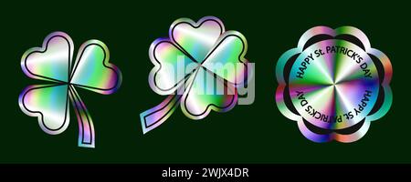 Holographic foil St Patricks day stickers set vector illustration Stock Vector
