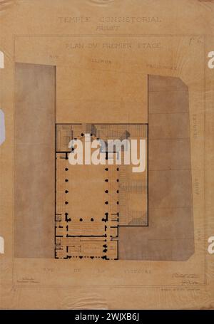 Alfred Aldrophe (1834-1895). 'Synagogue 44 rue de la Victoire'. Consistorial temple. Project, plan on the first floor. Loque ink ink pencil. Nineteenth century. Paris, Carnavalet museum. 71452-6 1st floor, layer, pencil, drawing, ink, wash, plan, first, project, synagogue, consistorial temple, 19th century Stock Photo