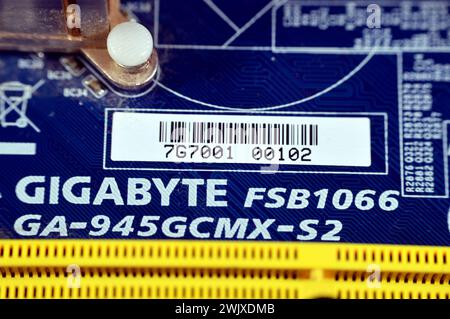 Cairo, Egypt, February 9 2024: Gigabyte main board computer motherboard FSB 1066 supports Core 2 Duo processor, Gigabyte is a Taiwanese manufacturer a Stock Photo
