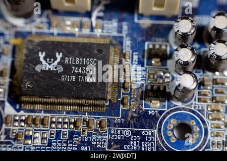 Cairo, Egypt, February 9 2024: Gigabyte main board computer motherboard FSB 1066 supports Core 2 Duo processor, Gigabyte is a Taiwanese manufacturer a Stock Photo