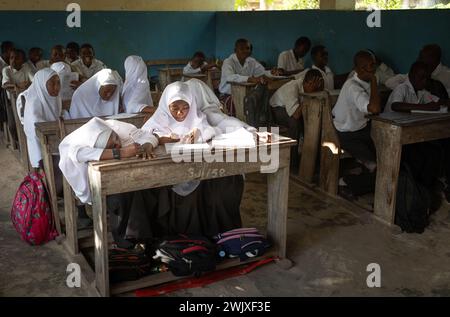 Muslim boy and girl students in an English class at Jambiani Secondary School in Jambiani, Zanzibar, Tanzania. Stock Photo