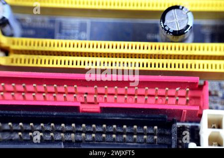 A closeup of a computer main board electronic motherboard, the main printed circuit board (PCB) in general-purpose computers and other expandable syst Stock Photo