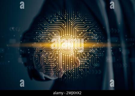 Businessman Touch Screen and CPU Central Processing Unit Icon and PCB Printed Circuit Board Line. Business,Technology and Innovation Internet Concept Stock Photo