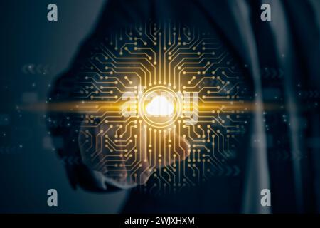 Businessman Touch Screen and Cloud Computing Technology Concept Icon and PCB Printed Circuit Line. Online Internet,Connection,Network,Communication Stock Photo