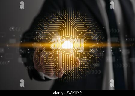 Businessman Touch Screen and Cloud Computing Technology Concept Icon and PCB Printed Circuit Line. Online Internet,Connection,Network,Communication Stock Photo