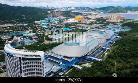 (240217) -- GUANGZHOU, Feb. 17, 2024 (Xinhua) -- An aerial drone photo taken on Sept. 12, 2023 shows a view of the Chimelong Ocean Kingdom in Hengqin of Zhuhai, south China's Guangdong Province. The Guangdong-Hong Kong-Macao Greater Bay Area, a city cluster, is one of the most open areas in China with economic vitality.   The greater bay area is composed of nine cities in Guangdong Province including Guangzhou, Shenzhen, Zhuhai, Foshan, Huizhou, Dongguan, Zhongshan, Jiangmen and Zhaoqing, and two special administrative regions of Hong Kong and Macao. (Xinhua/Liu Dawei) Stock Photo
