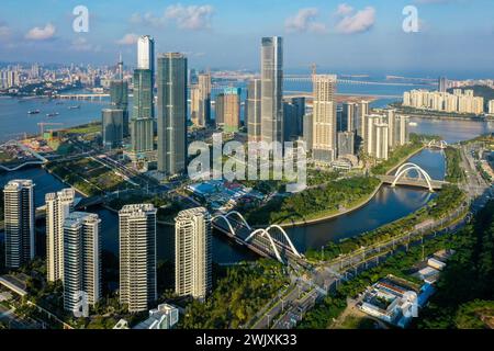 (240217) -- GUANGZHOU, Feb. 17, 2024 (Xinhua) -- An aerial drone photo taken on Nov. 4, 2023 shows a view of the Hengqin International Financial Center in Zhuhai, south China's Guangdong Province. The Guangdong-Hong Kong-Macao Greater Bay Area, a city cluster, is one of the most open areas in China with economic vitality.   The greater bay area is composed of nine cities in Guangdong Province including Guangzhou, Shenzhen, Zhuhai, Foshan, Huizhou, Dongguan, Zhongshan, Jiangmen and Zhaoqing, and two special administrative regions of Hong Kong and Macao. (Xinhua/Liu Dawei) Stock Photo