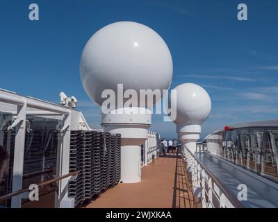 A pair of radomes (radar/domes) on the MSC Euribia sailing in Northern Europe (July 2023). Stock Photo