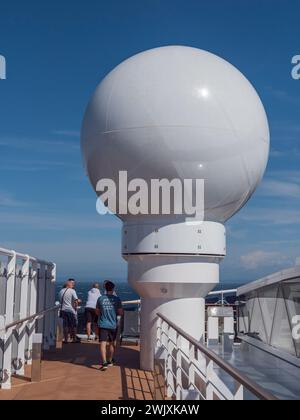 A radome (radar/domes) on the MSC Euribia sailing in Northern Europe (July 2023). Stock Photo