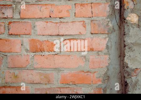 red brick wall texture background for design. Pattern of weathered old cracked brickwall. Stacked stones wall. Brick work wall from old building archi Stock Photo