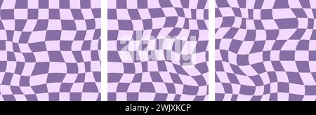 Set of Square Groovy Hippie Vibes 70s Checkerboard, Chessboard, Mesh, and Waves Patterns. Twisted and Distorted Vector Textures, Trendy Retro Psychede Stock Vector