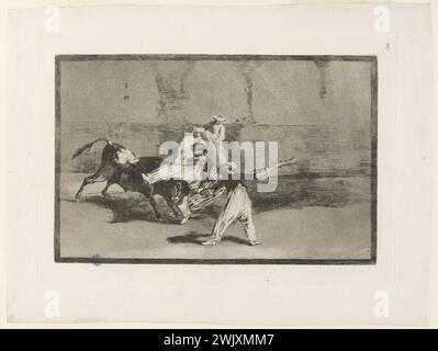 Francisco Goya (1746-1828). 'Tauromachie - Pl. 8 - Cogida de a Moro Estando in La Plaza - H 211 III1'. Eat, dry and aquatint point, BRUNISSOIR works - First edition. Museum of Fine Arts of the City of Paris, Petit Palais. AQUATINTE, BULL, BULLFIGHTING, BURNISHED AQUATINT, COUP, DRY POINT, EAU-FORTE, ETCHING, FIRST EDITION, MAURE, MOOR, POINTE SECHE, PREMIERE EDITION, TAUREAU, TOMBER, arab, fall Stock Photo