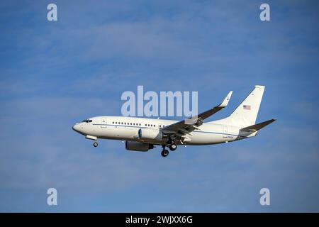 Munich, Germany - February 16. 2024 :  United States Air Force Boeing C-40 Clipper  with the aircraft registration 02-0201  lands as part of the Munic Stock Photo