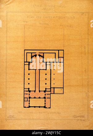 Alfred Aldrophe (1834-1895). 'Synagogue 44 rue de la Victoire'. Temple Consistorial Project Plan of Caves and Foundations Longitudinal Cup. Loque ink ink pencil. Nineteenth century. Paris, Carnavalet museum. 71452-4 Layer, longitudinal cut, pencil, drawing, ink, foundation, wash, plan, project, synagogue, consistorial temple, 19th century, cellar Stock Photo