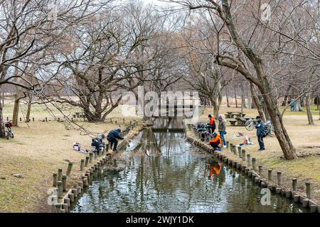 Locals fishing at the Mizumoto Park (都立水元公園). Tokyo, Japan. Stock Photo