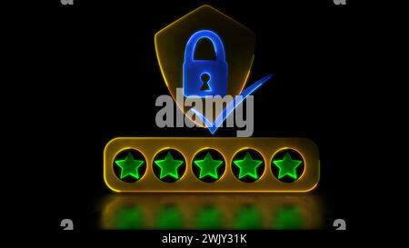 Looping neon glow effect padlock icon on shield Five stars verify authenticity, black background Stock Photo