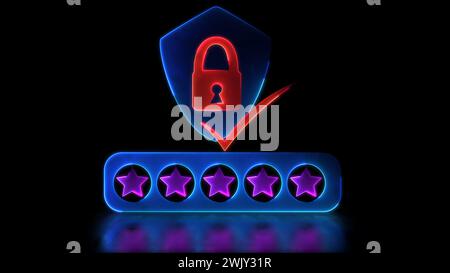 Looping neon glow effect padlock icon on shield Five stars verify authenticity, black background Stock Photo