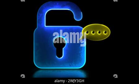 Looping neon glow effect Lock icon with security code, black background ...
