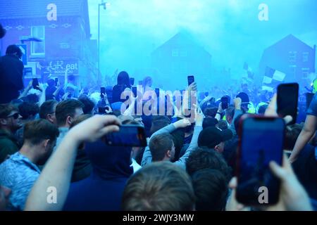 Everton fans demonstrate against the 10 point deduction imposed on the club for breaking PSR Rules. Stock Photo